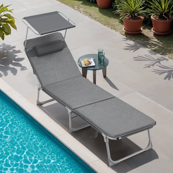 Folding Sun Lounger with Adjustable Canopy & 4-Position Backrest, 330 lb Capacity Outdoor Chaise Lounge with Removable Cushion, Dark Gray