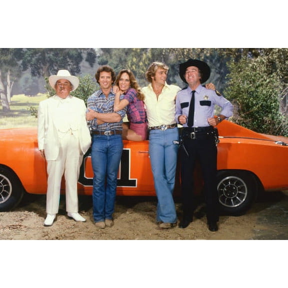 Dukes Of Hazzard Boss Hog Luke Daisy Bo Rosco pose by General Lee 24X36 Poster