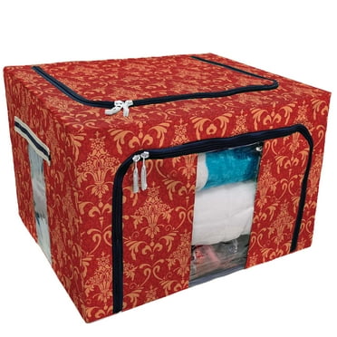 PKQWTM Victorian ornament red and gold Storage Bag Clear Window Storage Bins Boxes Large Capacity Foldable Stackable Organizer With Steel Metal Frame For Bedding,Clothes,Closets, Bedrooms
