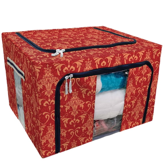 PKQWTM Victorian ornament red and gold Storage Bag Clear Window Storage Bins Boxes Large Capacity Foldable Stackable Organizer With Steel Metal Frame For Bedding,Clothes,Closets, Bedrooms
