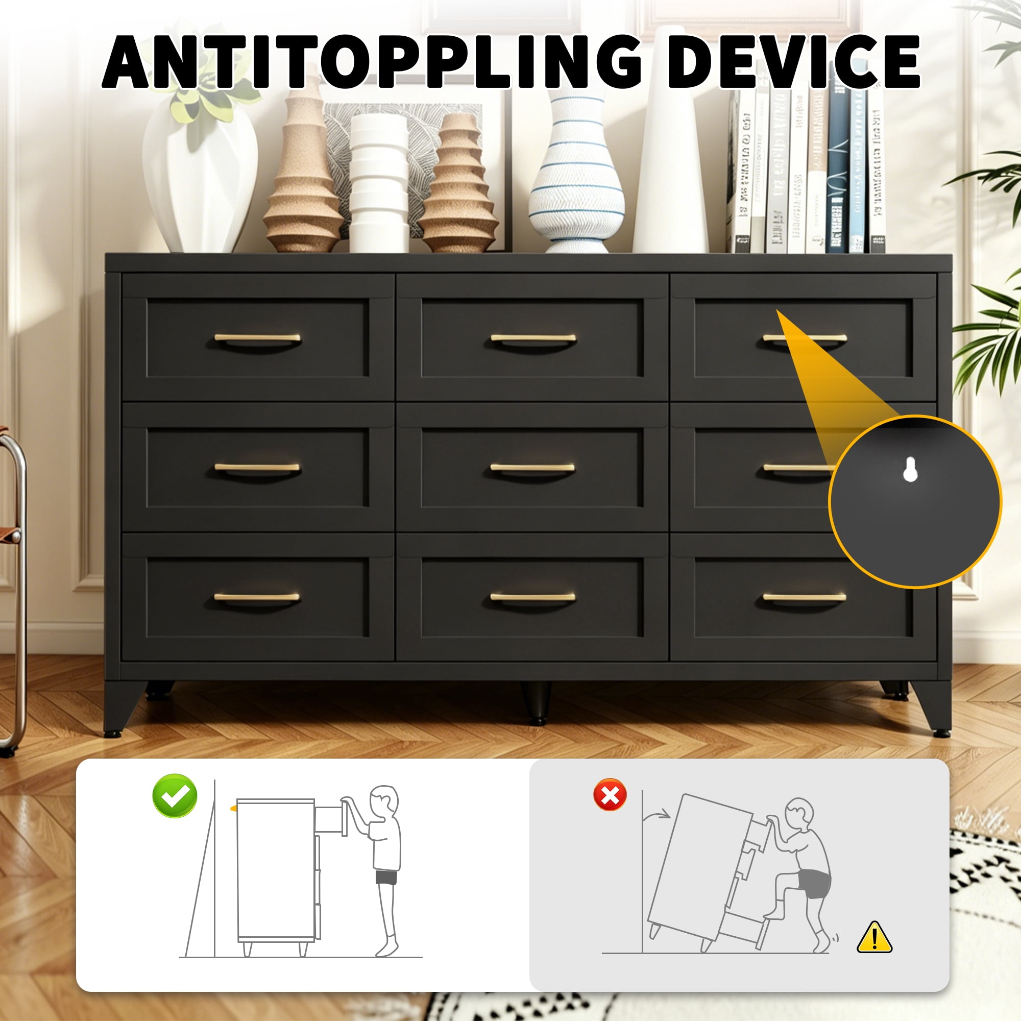 Aukfa 9-Drawer Wide Metal Dresser, Steel Storage Chest with Smooth-Glide Drawers, Eco-Friendly Bedroom Cabinet,