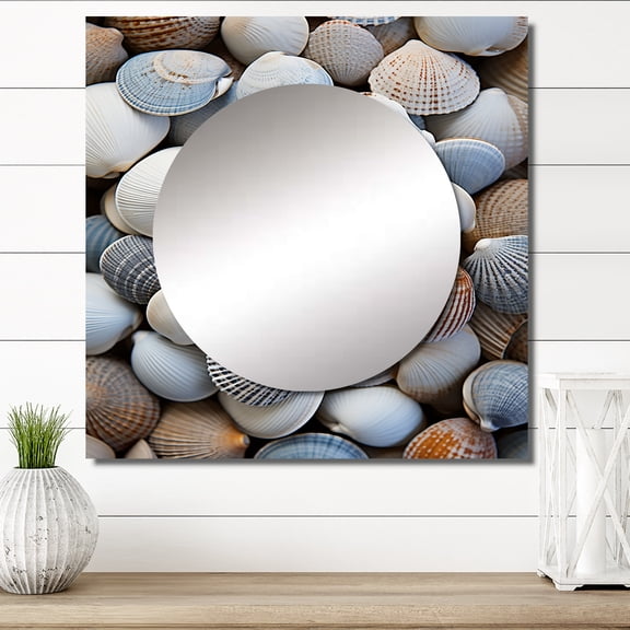 Designart "Seashell Beauty Beach Photo V" Animals Square Mirror For Wall Decor - Large Grey Square Printed Wall Mirror Art - Square Coastal Mirror - Wall Mounted Square Large Mirror