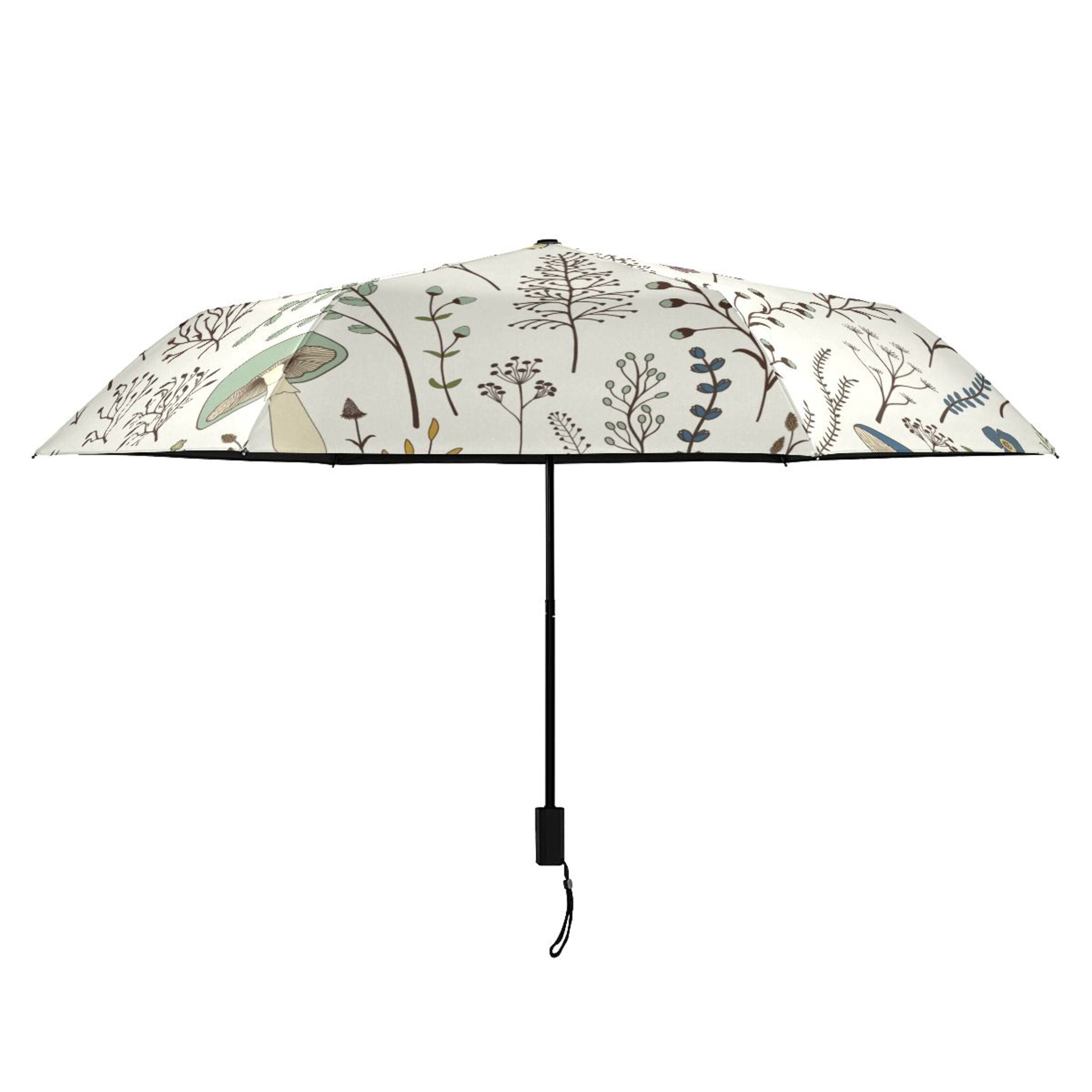 Mushrooms and Floral Compact Folding Umbrella for Rain Windproof Travel Umbrella UPF 50+ Lightweight Packable Arc Size
