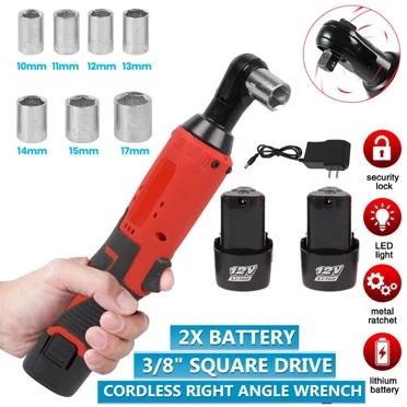 Electric Cordless Ratchet 3/8" Right Angle Wrench Impact Power Tool   2 Battery