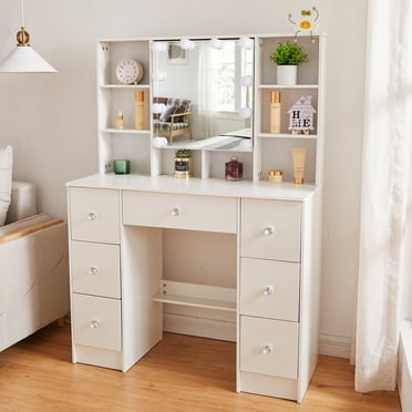 Yamissi Vanity Desk w/ Mirror & Lights, Makeup Vanity Dressing Table for Girls, 7 Drawers and Shelves, White