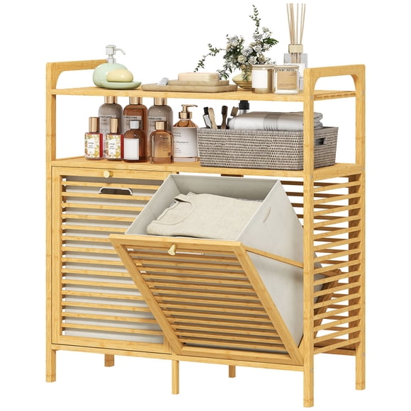 Natural Bamboo Tilt Out Laundry Hamper Cabinet with 2 Removable 10.8-gal Baskets and 2-Tier Shelves, Space-Saving Organizer for Laundry Room or Bathroom, 32.3"W x 13"D x 34.6"H