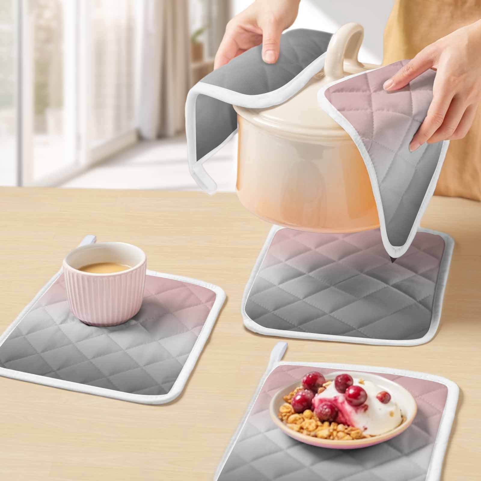 Gradient Pink Grey, Pot Holders for Kitchen Heatproof Potholder, 4 Pack Modern Abstract Color Ombré Art Hot Pads Multipurpose Oven Pads Cloth Potholders Trivet for Cooking and Baking
