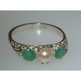 thumbnail image 6 of LBG British Made Luxury Solid 10K White Gold Natural Emerald and Cultured Pearl Trilogy Ring, 6 of 7