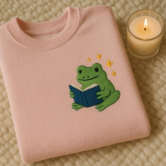 Cute Magic Frog Reading Book Embroidered Sweatshirt, Sparkly Bookworm Frog Lover Gift, Cottagecore Amphibian Hoodie