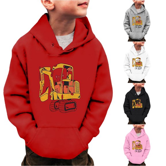Vividxx Boys Hoodies Little Boys Excavator Print Long Sleeve Hooded Sweatshirt Toddler Kids Winter Warm Pullover Tops For Fall Winter Preppy Clothes 7-8 Years