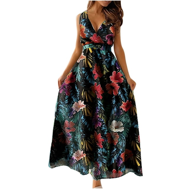 MesaSe Robes Maxi d'Été pour Femmes Imprimé Tropical Robes de Plage Col en V Sans Manches Taille Haute Lacée Robe Maxi Fluide Robe d'Été