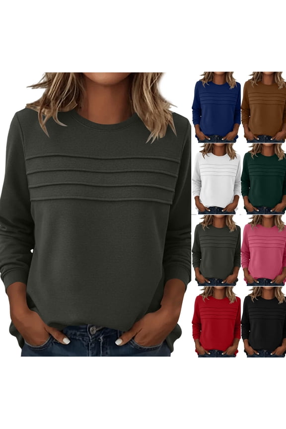Women's Chest Pleated Solid Crewneck Long Sleeve Pullovers Plain Soft Side Pocket Blouses Daily Errands Oversized Thick Breathable Loose Fit Jerseys Casual Street Attire Coffee (S-XXL)