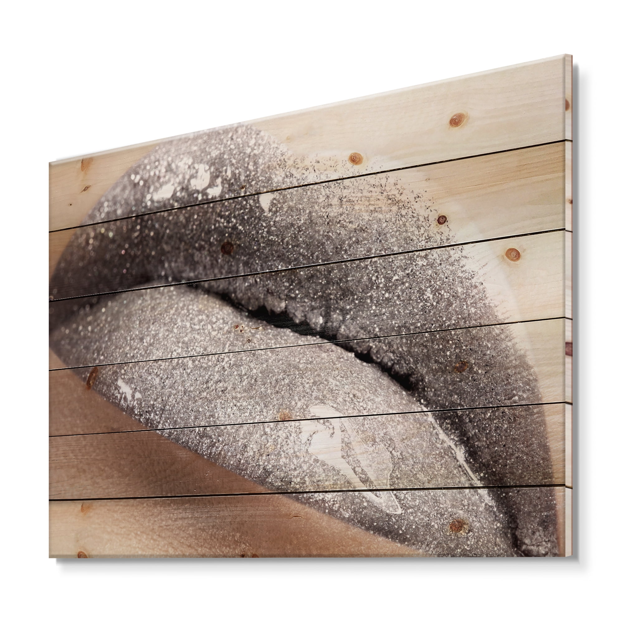 Designart 'Close Up of Female Lips With Glittering Silver' Modern Print on Natural Pine Wood