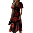 thumbnail image 2 of Womens Halloween Dresses Candy Bat Short Sleeve Spooky Midi Dresses Skeleton Pumpkin V Neck Horror Dresses, 2XL, 2 of 5