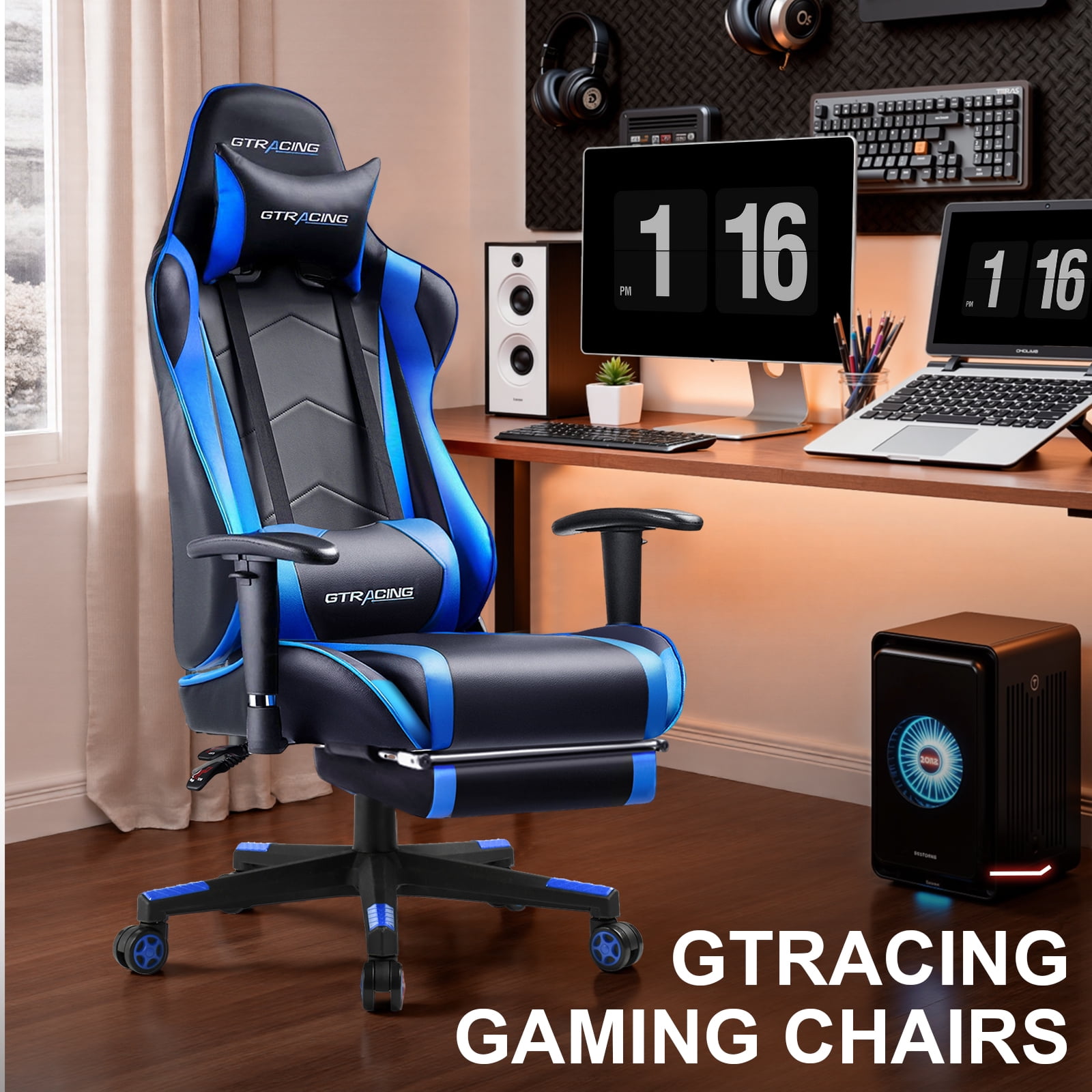 GTPLAYER Gaming Chair Office Chair PU Leather with Footrest&Adjustable Headrest,Blue