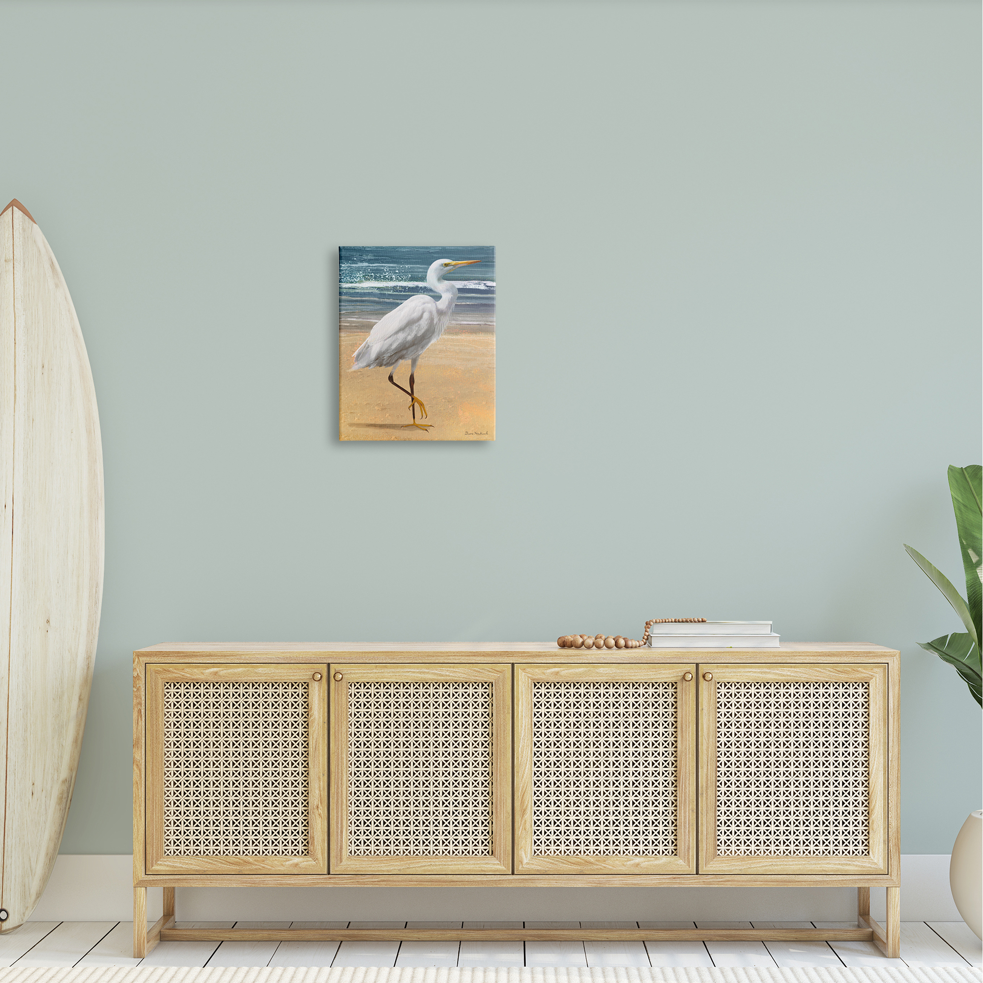 Stupell Industries White Heron Bird Standing Beach Shoreline Waves Painting Gallery Wrapped Canvas Print Wall Art, Design by Diane Neukirch