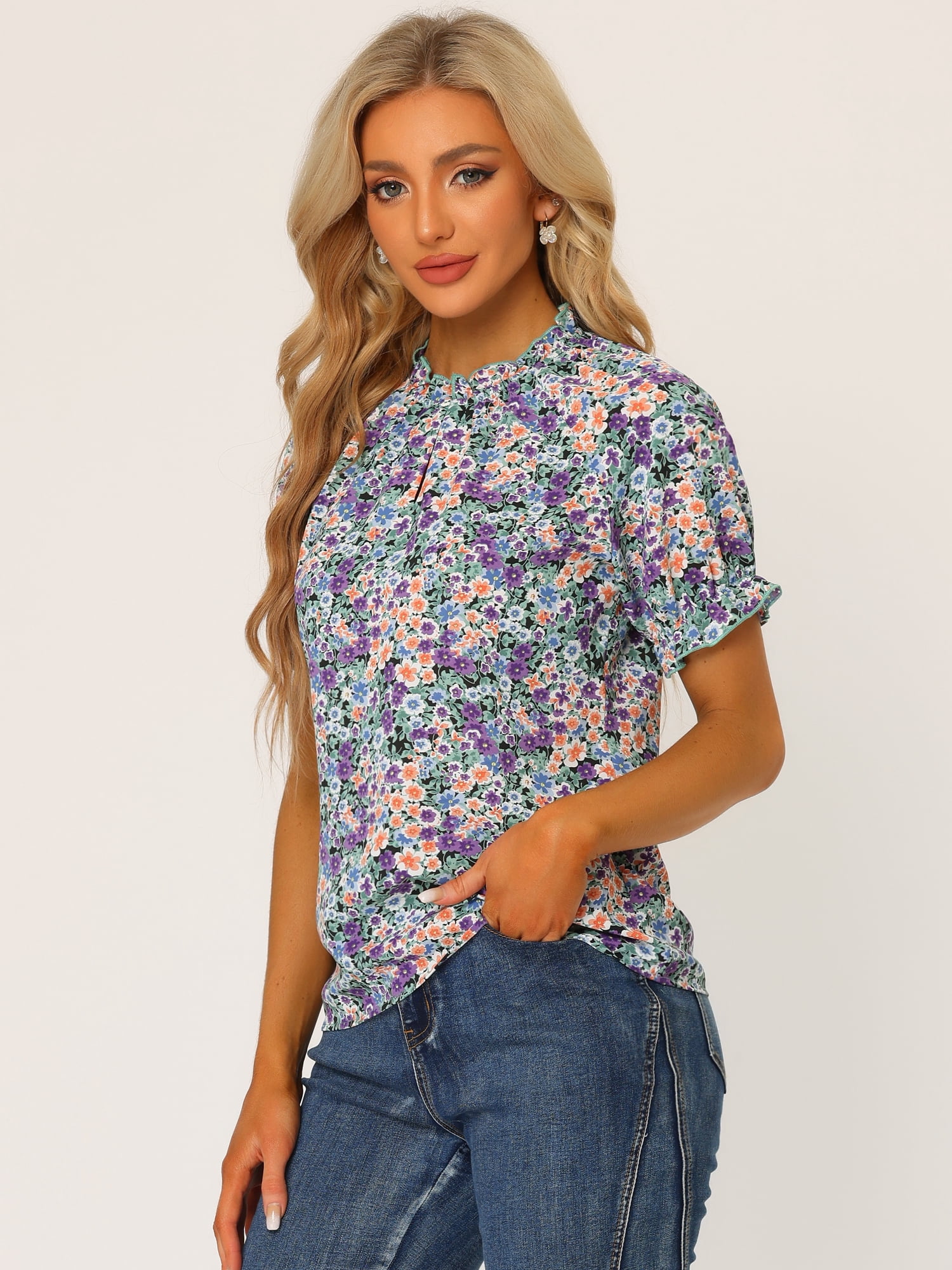 DARING DIVA Women's Floral Ruffled Neck Short Sleeves Top Blouse L Black Purple