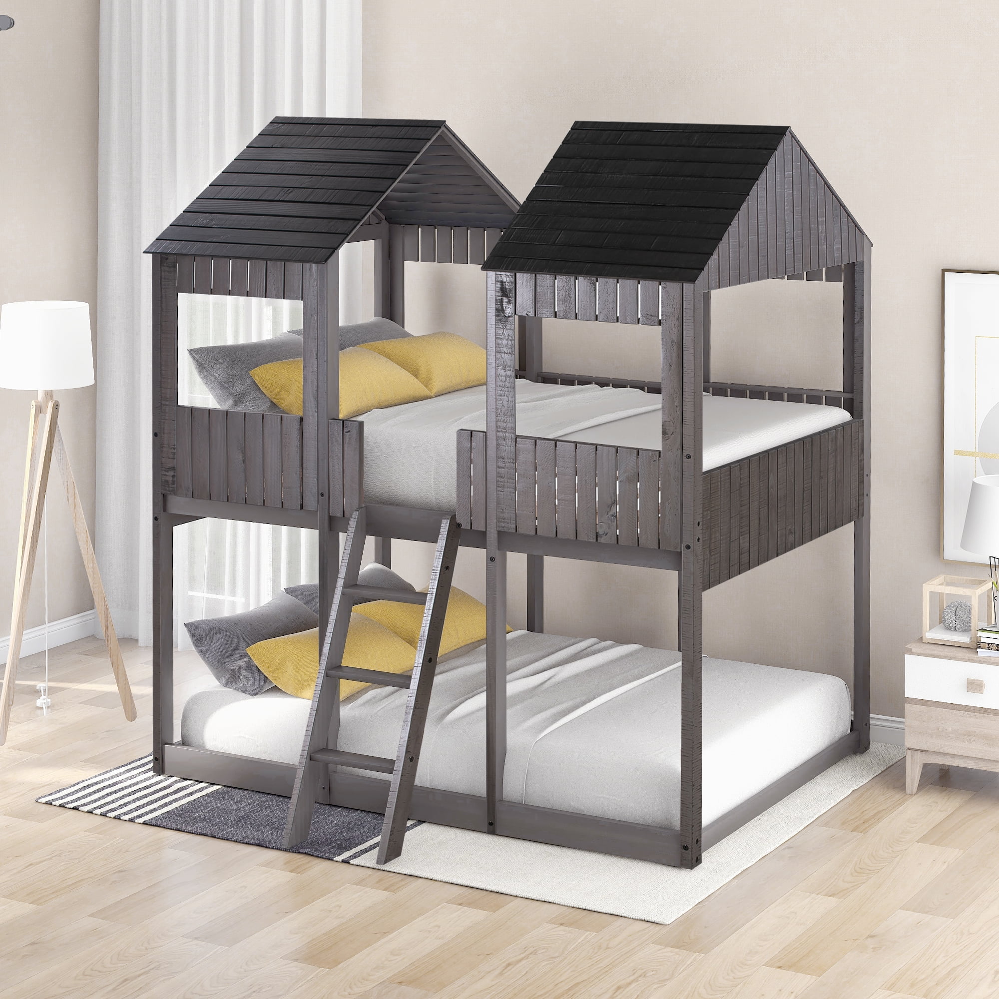 Kepooman Full Over Full Wood Bunk Bed with Roof & Window & Guardrail
