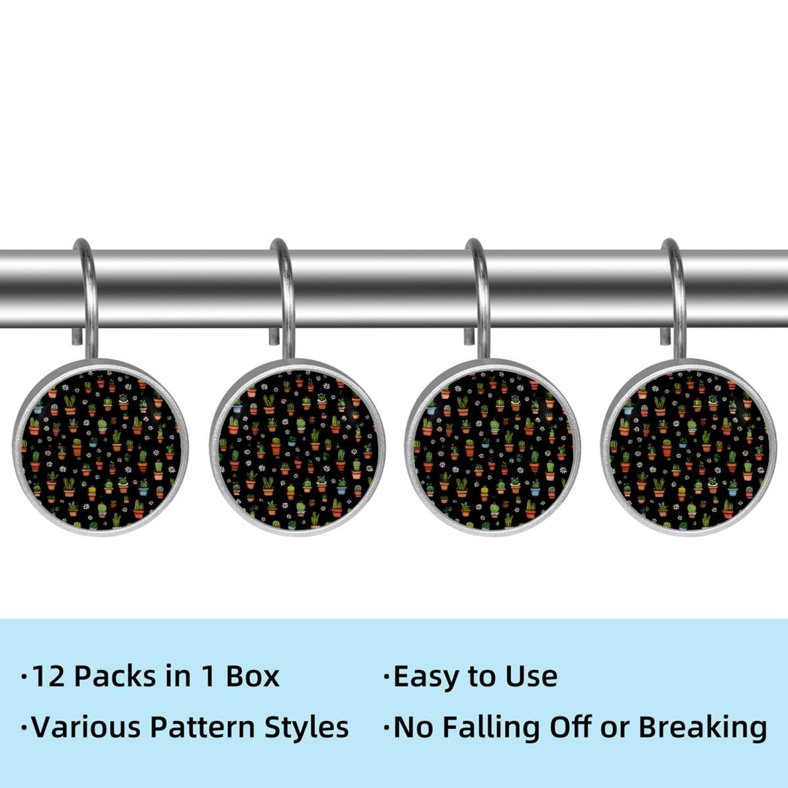 12pcs Decorative Shower Curtain Hooks, Rust Resistant Shower Rings for Bathroom Living Room,Rustproof Stainless Steel Rings for Shower Curtain and Liner Rods,Cactus and Daisy Black