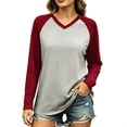thumbnail image 2 of Women V Neck Raglan Color Block Long Sleeve T-Shirt Loose Relaxed Fit Contrast Sleeve Solid Spliced Casual Basic Top Fashion Versatile Layering Tee for Autumn Winter, 2 of 7