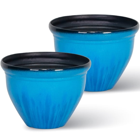 Worth Garden 8-Inch Dia. Round Blue Plastic Planters with Drain Holes, 5.9-Inch Height - 2-Pack Glossy Finish Bell-Shaped Plant Po