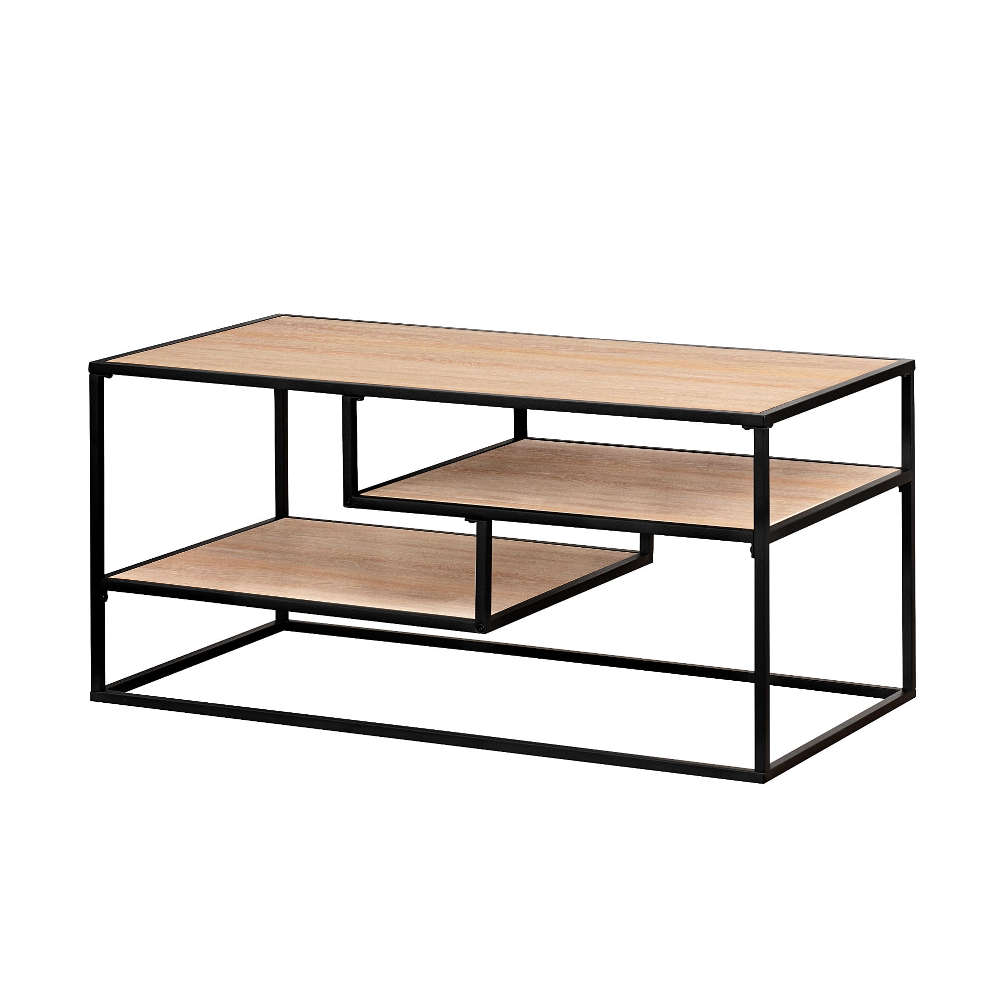Walker Edison Contemporary Wood and Metal Tiered Coffee Table, Coastal Oak