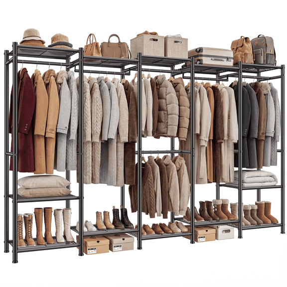 melmine Extra Large Closet Organizer with Hanging Rods and Shelves,Heavy Duty Clothes Rack 1200 lbs,Metal Freestanding Wardrobe for Bedroom,Walk-in Closet Storage