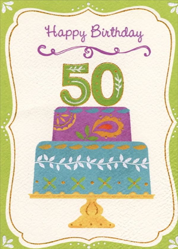 Designer Greetings Purple and Blue Cake with Green Border Age 50 / 50th Birthday Card