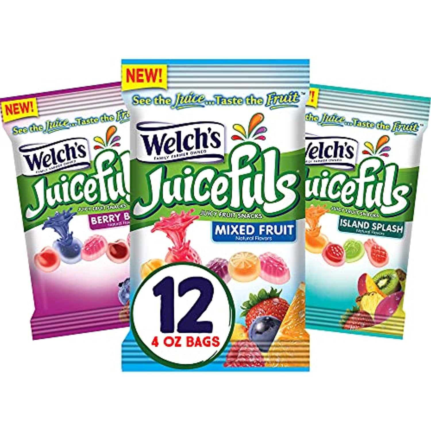 Welchs Juicefuls Juicy Fruit Snacks, Mixed Fruit, Berry Blast & Island Splash Fruit Gushers Variety Pack, Gluten Free, 4 Oz Sharing Size Bags (Pack Of 12)