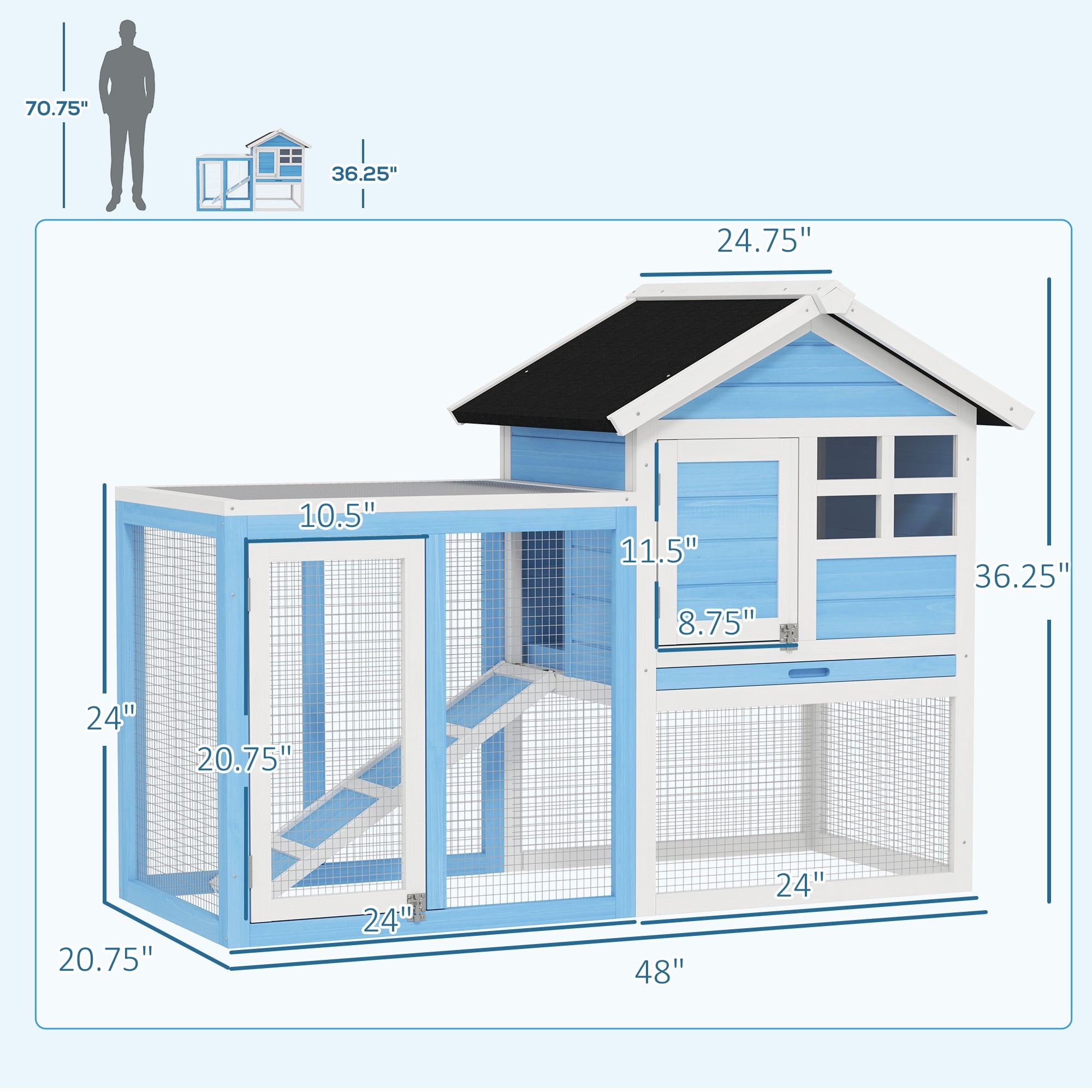 Small Animal Playpen Cage, 2-Story Rabbit Hutch, Fir Wood, Light Blue