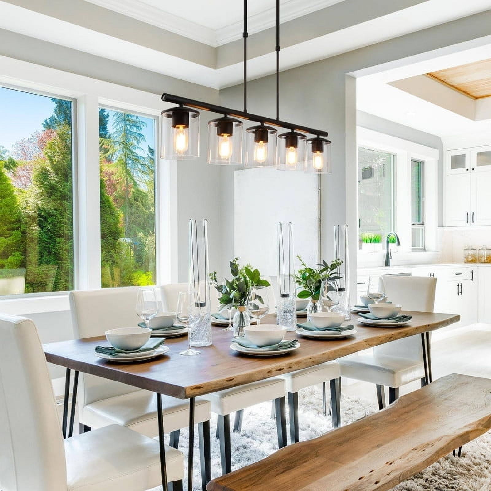 LNC Modern Black 5-Light Linear Kitchen Island Pendant with Clear Glass Shades