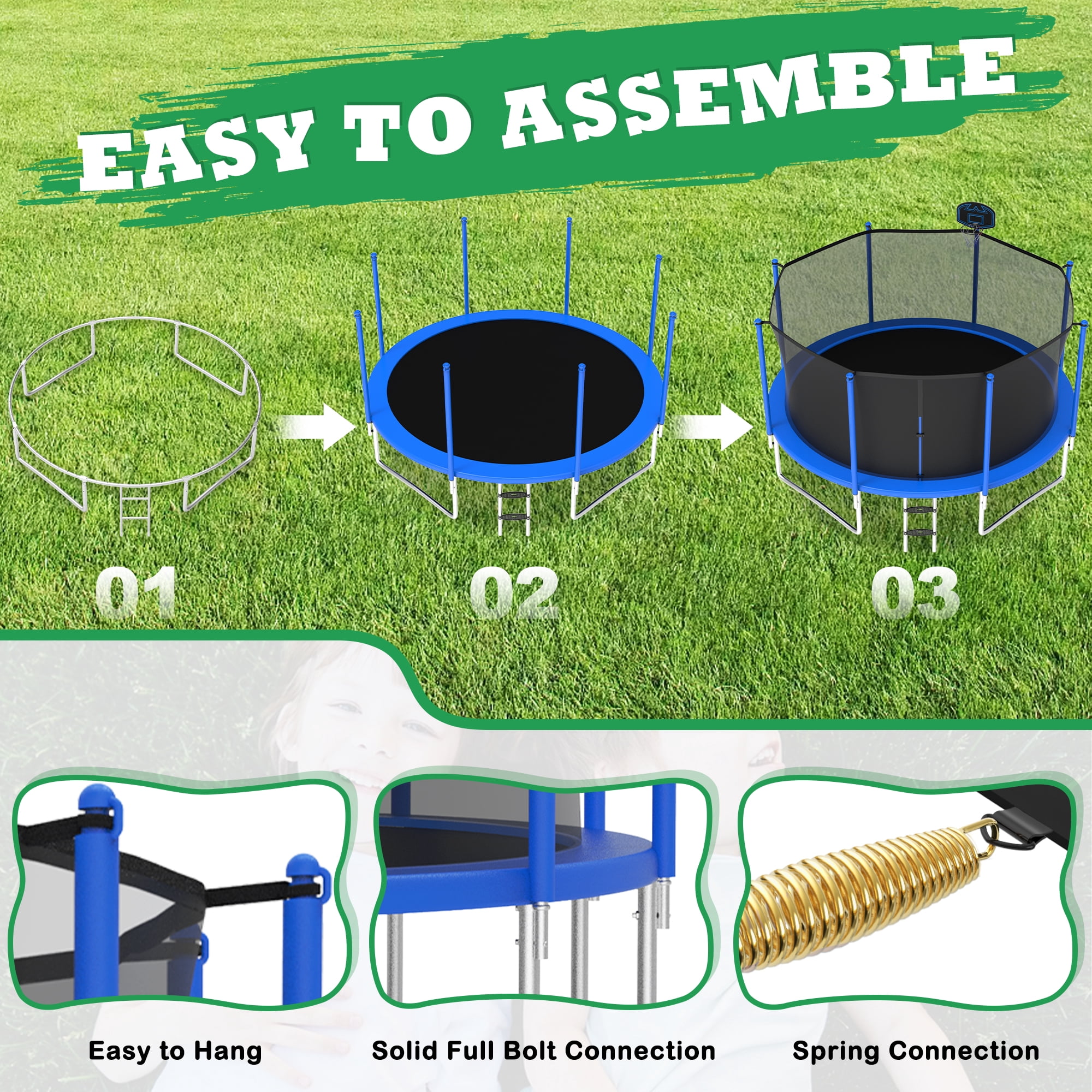 LHX 12FT 14FT 16FT Trampoline with Enclosure Net, Outdoor Trampolines for Kids Adult, Backyard Trampoline with Basketball Hoop, Ladder, Stakes, Lights, Sprinklers, Socks, Heavy Duty, 1400 LBS Loading