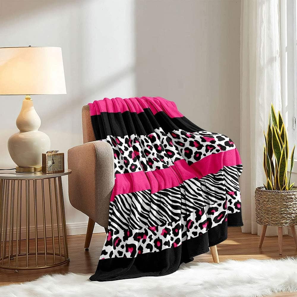 Hot Pink Leopard Throw Blanket, Cheetah Print Blanket, Black and White Zebra Print Blanket, Cozy Warm Lightweight Soft Fluffy Fuzzy Plush Flannel Fleece Blanket for Couch, Sofa, 50"x60"