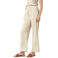thumbnail image 4 of Pantalones de pierna ancha de satén para mujer con cintura alta elástica casual en beige M, 4 of 6