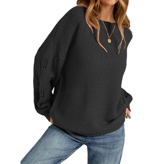 Women 2-Way Wear Crew Neck Hollow Cable Knit Oversized Long Sleeve Off Shoulder Pullover Sweater Black S