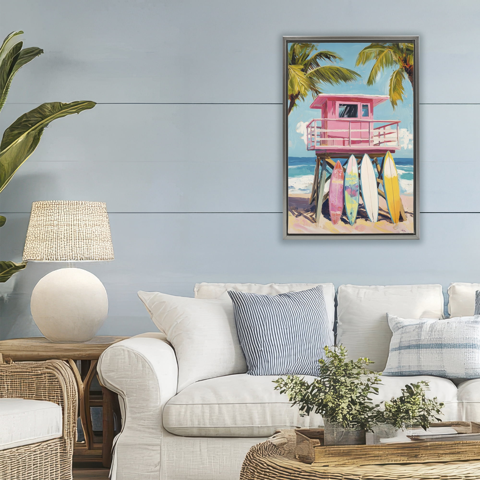 Stupell Industries High Pink Surf Shack Gray Framed Floater Canvas Wall Art, design by Petal Prints Design