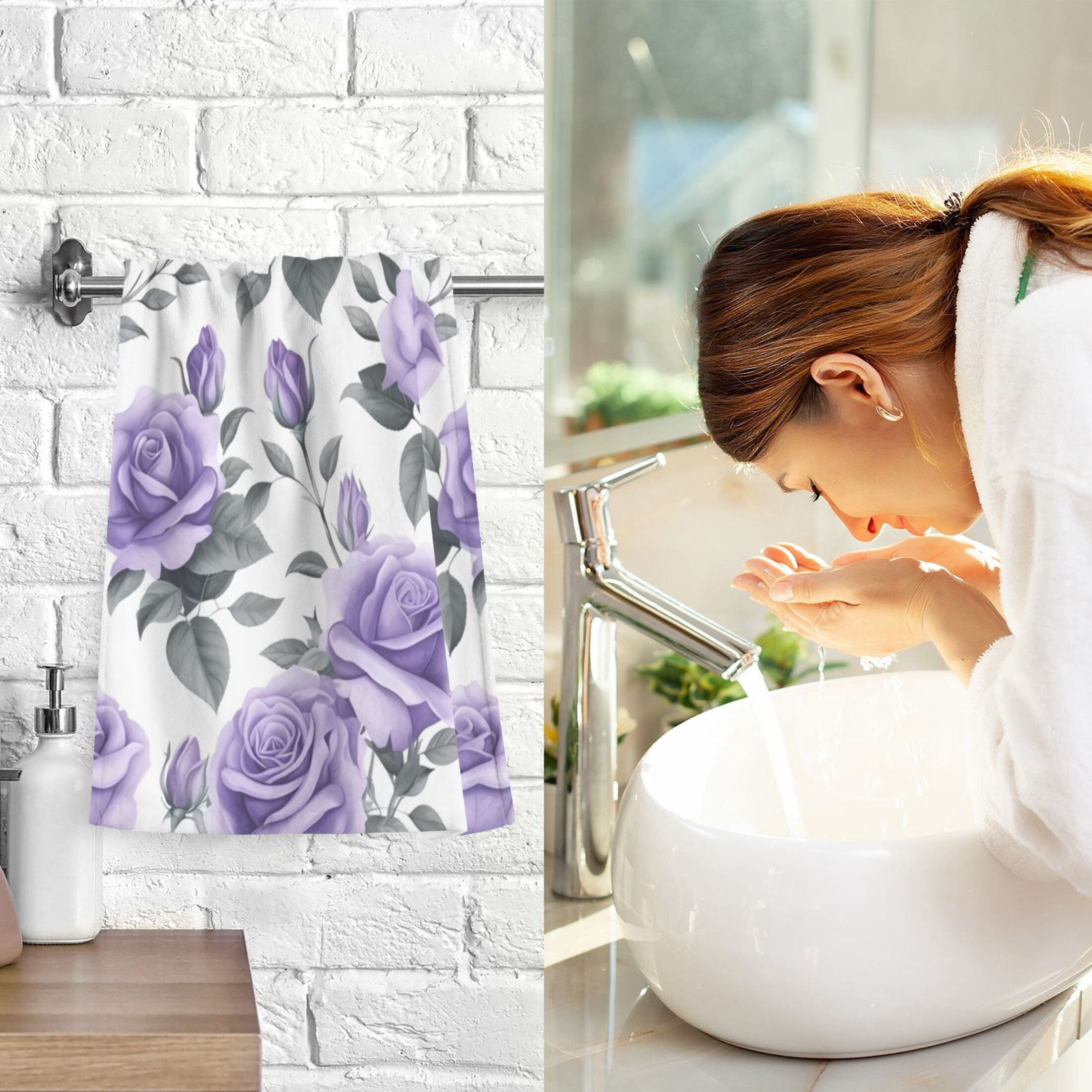 Rose Flowers Purple 2 PCs Cotton Hand Towels Absorbent Face Towel Soft Breathable Towel Set for Bathroom Kitchen Hotel Gym Decoration
