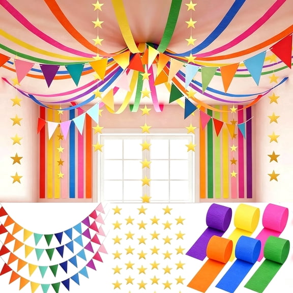 Yancan Colorful Rainbow Birthday Party Decorations, Crepe Paper Streamers Gold Star Garland Banner Flags for Women Men Boy Girl