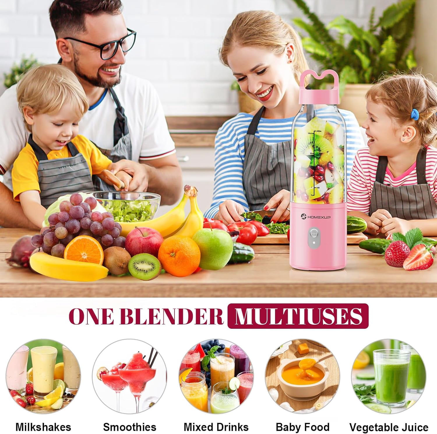 Portable Personal Blender 17 OZ/500 ML Juicer, 175W Size Blender, Ideal for Smoothies, Ice Blending, Juicing, and Food Processing, Compact, Convenient, Versatile (Pink)