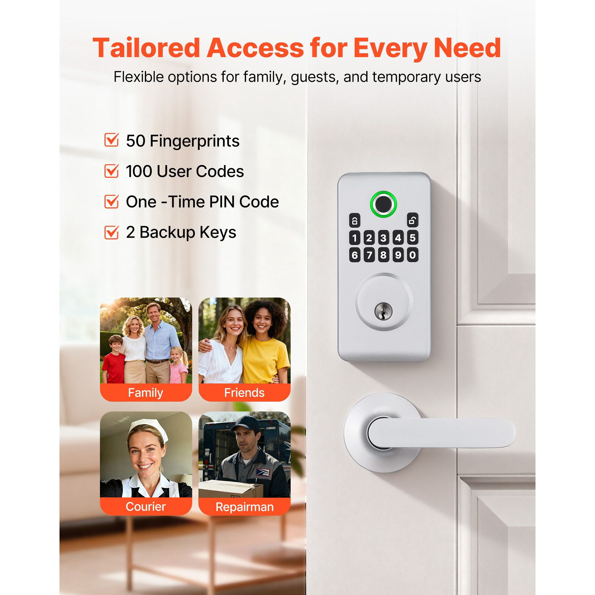Fingerprint Door Lock Set with Handles 50 Fingerprints 100 User Codes Auto Lock Anti-Peeping for Home Silver