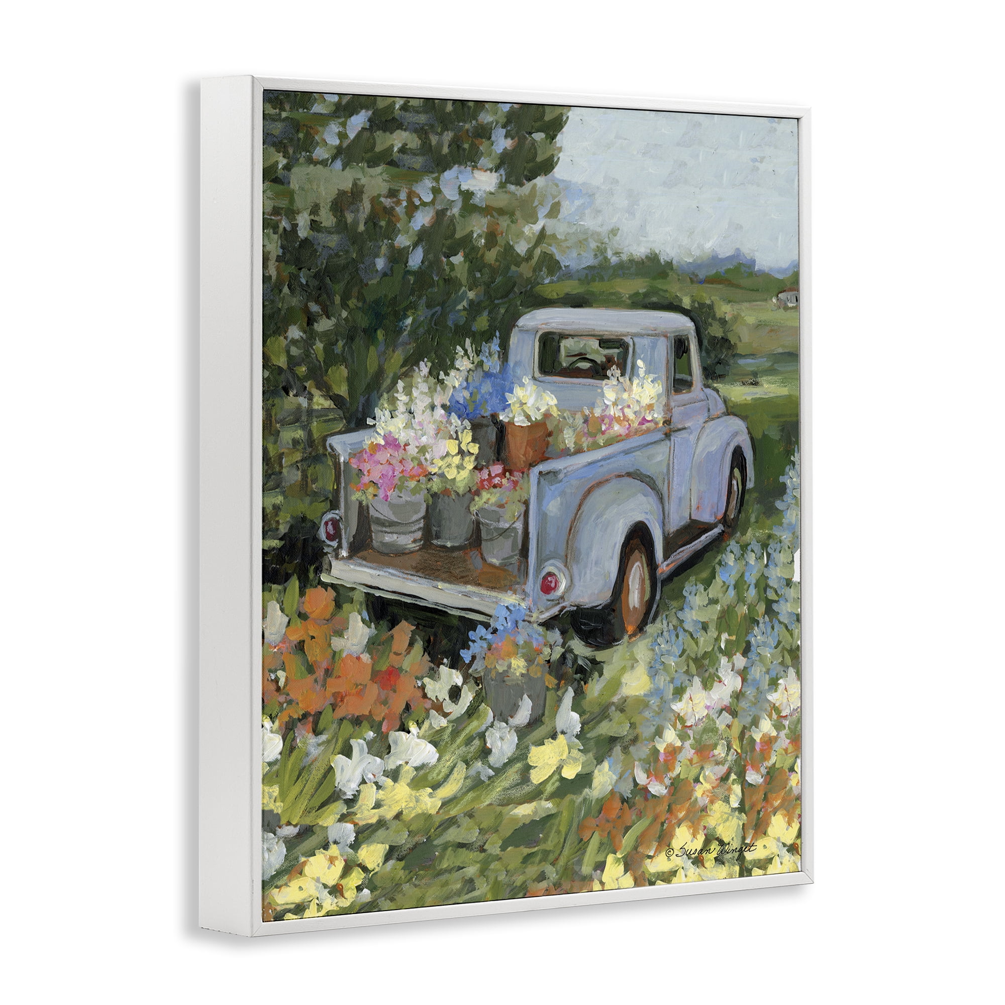 Stupell Industries Truckin' Field with Flowers White Framed Giclee Art, design by Susan Winget