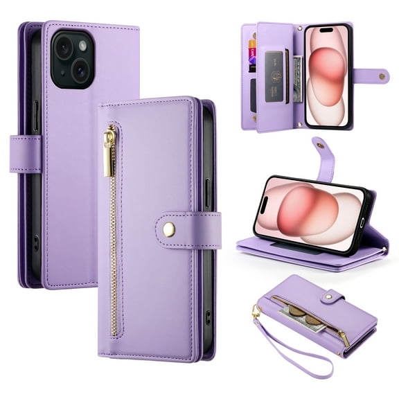 Allytechgroup Wallet Case for Apple iPhone 15, 9 Cards Holder Zipper Pocket Hand Wrist Shockproof Stand Flip Cover RFID Blocking Phone Case for Women Men, Purple
