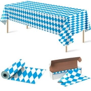 Oktoberfest Plastic Tablecloth CORNET Roll 54Inch x 100Ft, Bulk White Bavarian Flag Check Disposable Table Cover with Slide Cutter Box, Oktoberfest Backdrop Table Cloth Party Supplies Decorations