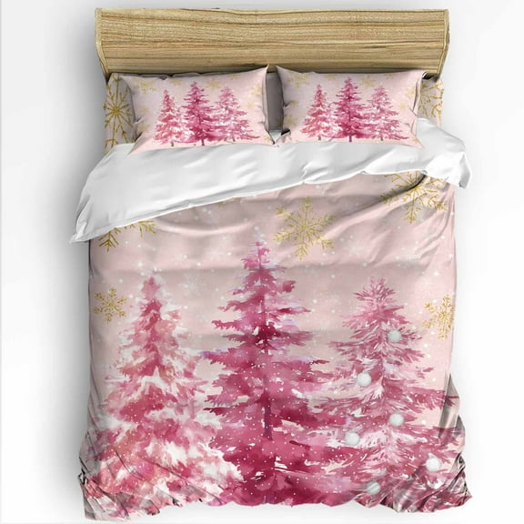 Pink Christmas Tree King Size Comforter Set, Xmas Pine Tree Gold Winter Snowflakes Soft Bedding for All Seasons, 4 Pcs Bed Set with 1Comforter (90"x106") ,1 Sheet(94"x116"), 2 Pillowcases (19"x35")