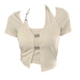thumbnail image 1 of Elegante look veraniego de dos piezas, diseño irregular, top halter color albaricoque con mangas cortas, talla XL, 1 of 8