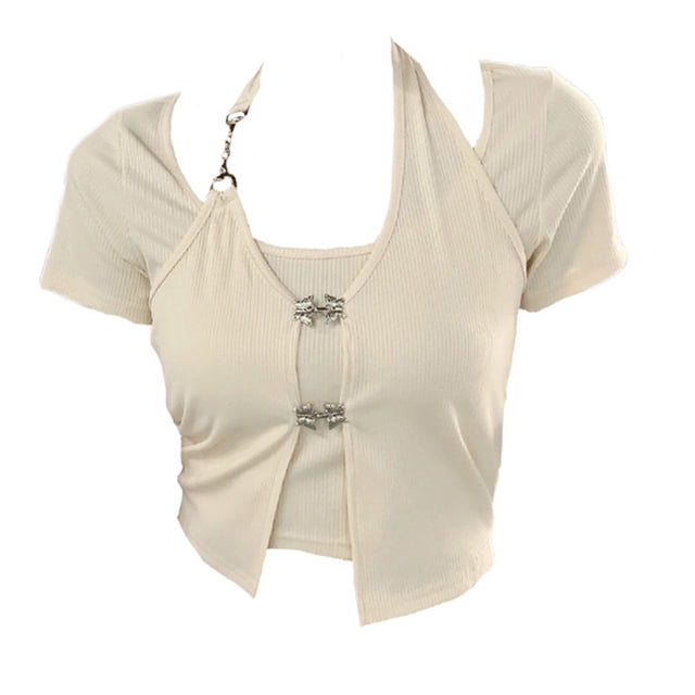Elegante look veraniego de dos piezas, diseño irregular, top halter color albaricoque con mangas cortas, talla XL