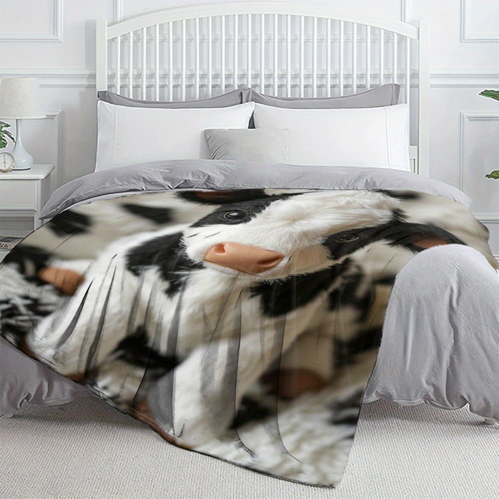 Cozy Cows Print Flannel Blanket - Soft Warm Polyester Fleece Throw for Sofa, Bed, Travel - All Seasons Chunky Knit Blanket, Machine Washable - Ideal Gift for Family and Friends