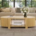 thumbnail image 2 of GZXS 47" Oval Fluted Coffee Table with Storage, Solid Rubber Wood Coffee Table with 4 Doors and Open Shelf, Modern Center Table for Living Space, Natural, 2 of 9