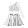 thumbnail image 4 of YONGHS Girls Hip Hop Jazz Dance Performance Outfits Kids Sequins Crop Top with Metallic Flared Skirt Silver 14, 4 of 7