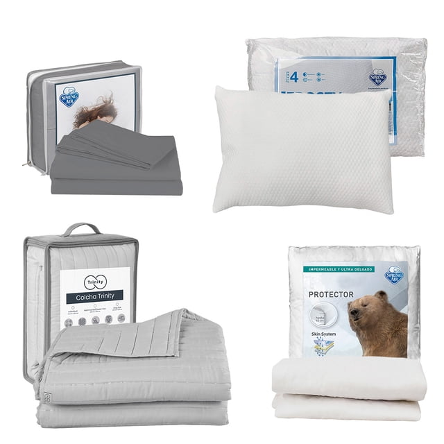 Colcha individual Acabado Ultrasónico Trinity Gris Perla + Protector de colchón + Juego de Sábanas + Almohada Frosty